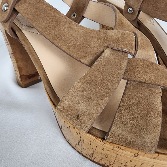 Barneys New York Brown Suede Strappy Leather Block Heel Platform Sandal Size 8 - Picture 2 of 11